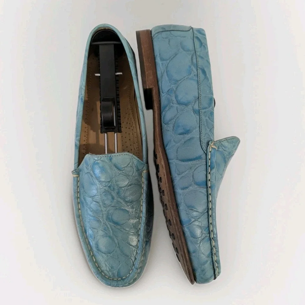Positano Italy Light Blue Crocodile Embossed Leather Driving Loafers EU 40